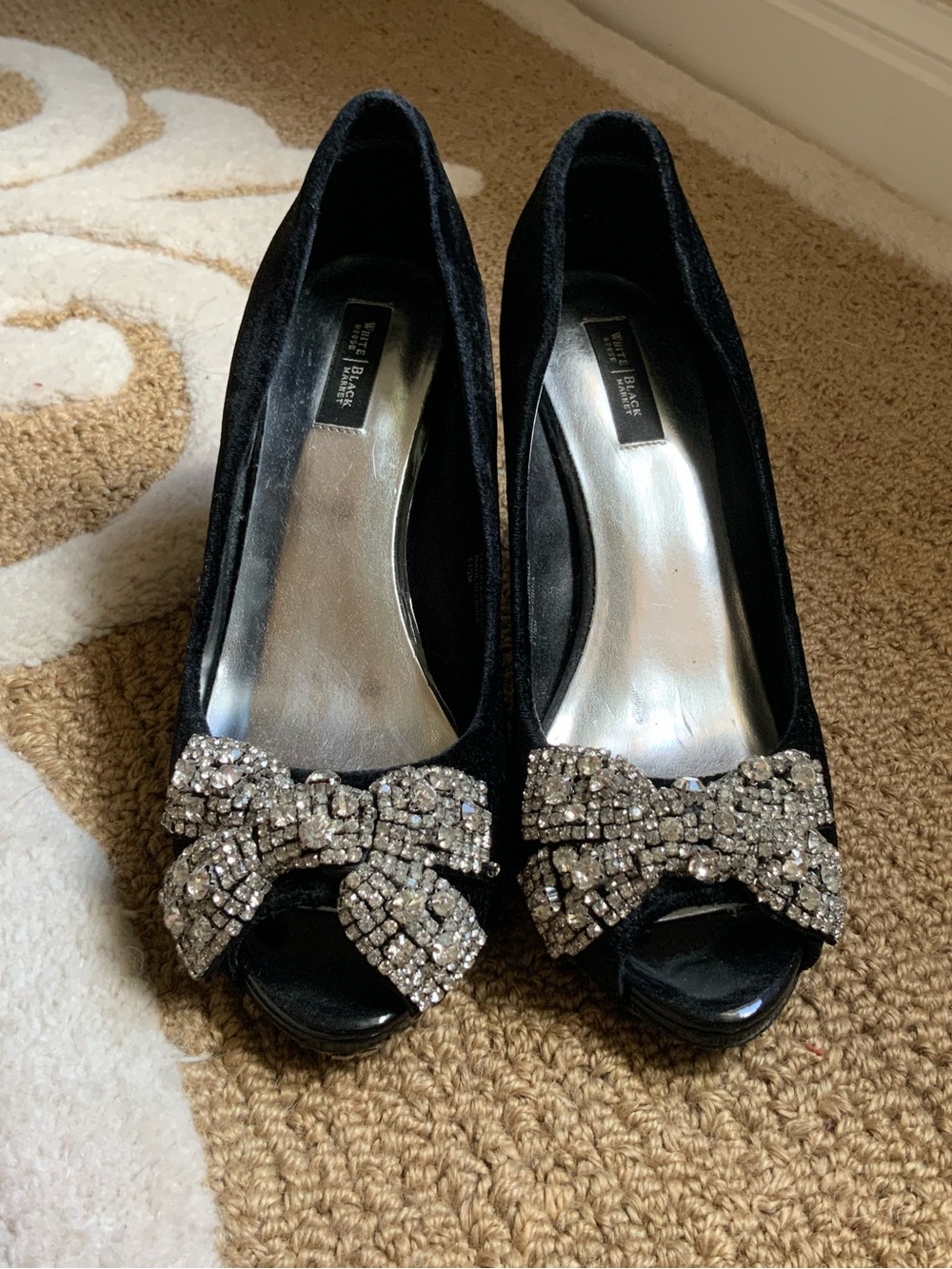 White House Black Market Black Peep-Toe Heels with Rhinestone Bow